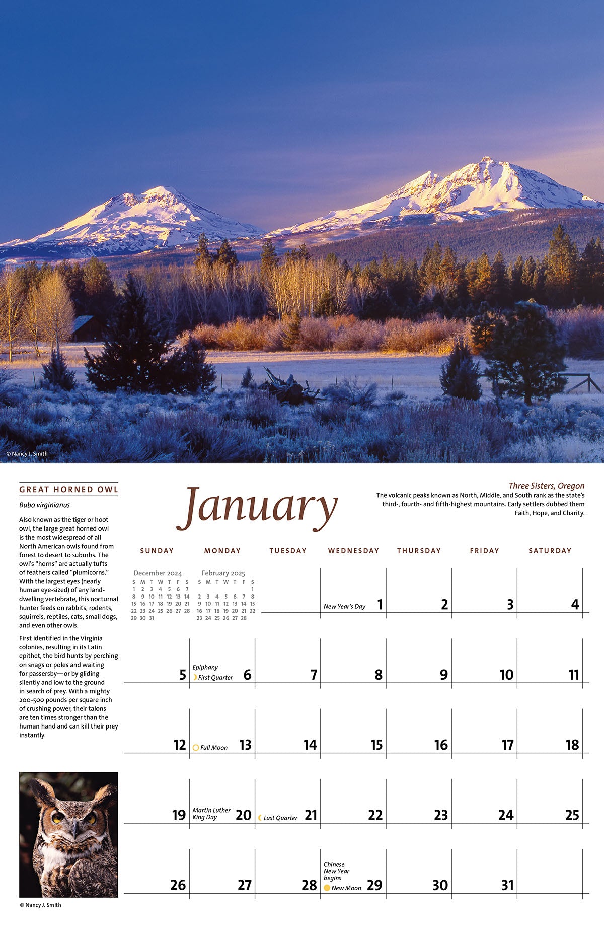 January calendar layout. Head image features winter scene of Three Sisters mountains of Central Oregon. Layout image shows portrait of Great Horned Owl.