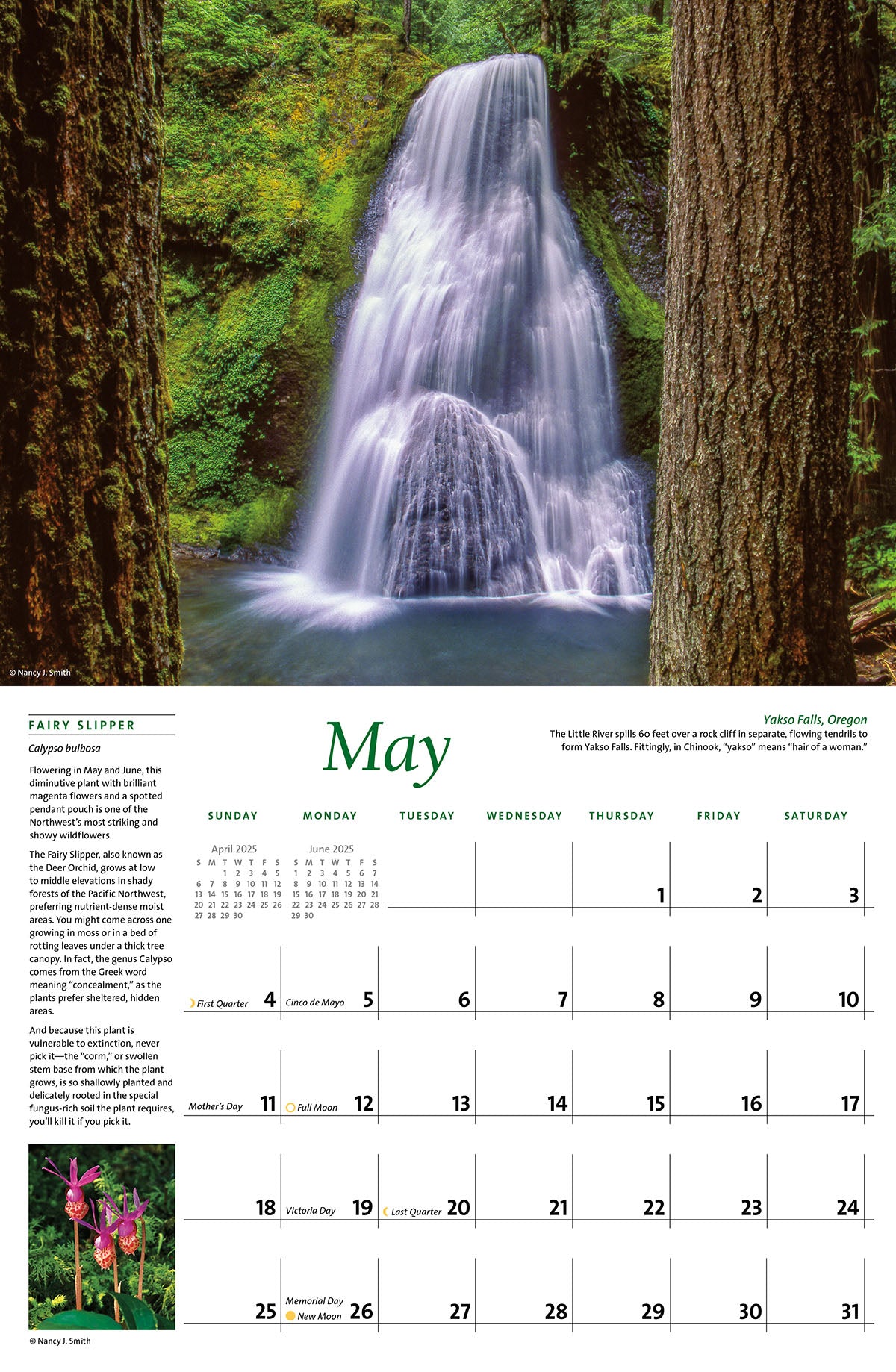 May calendar layout. Head image of Yakso Falls, Oregon. Layout image of fairy slipper flower.