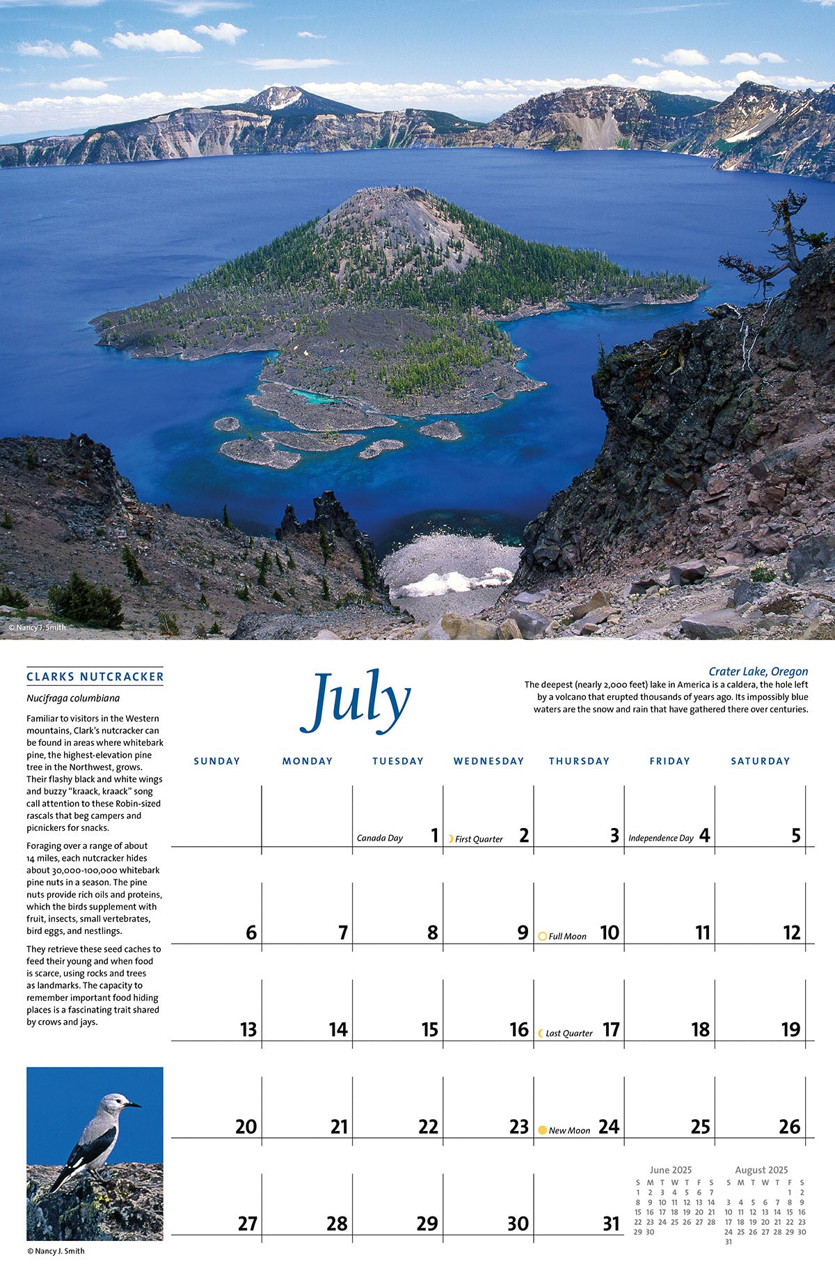 July calendar layout. Head image of Wizard Island in Crater Lake, Oregon. Layout image of Clark's Nutcracker bird.