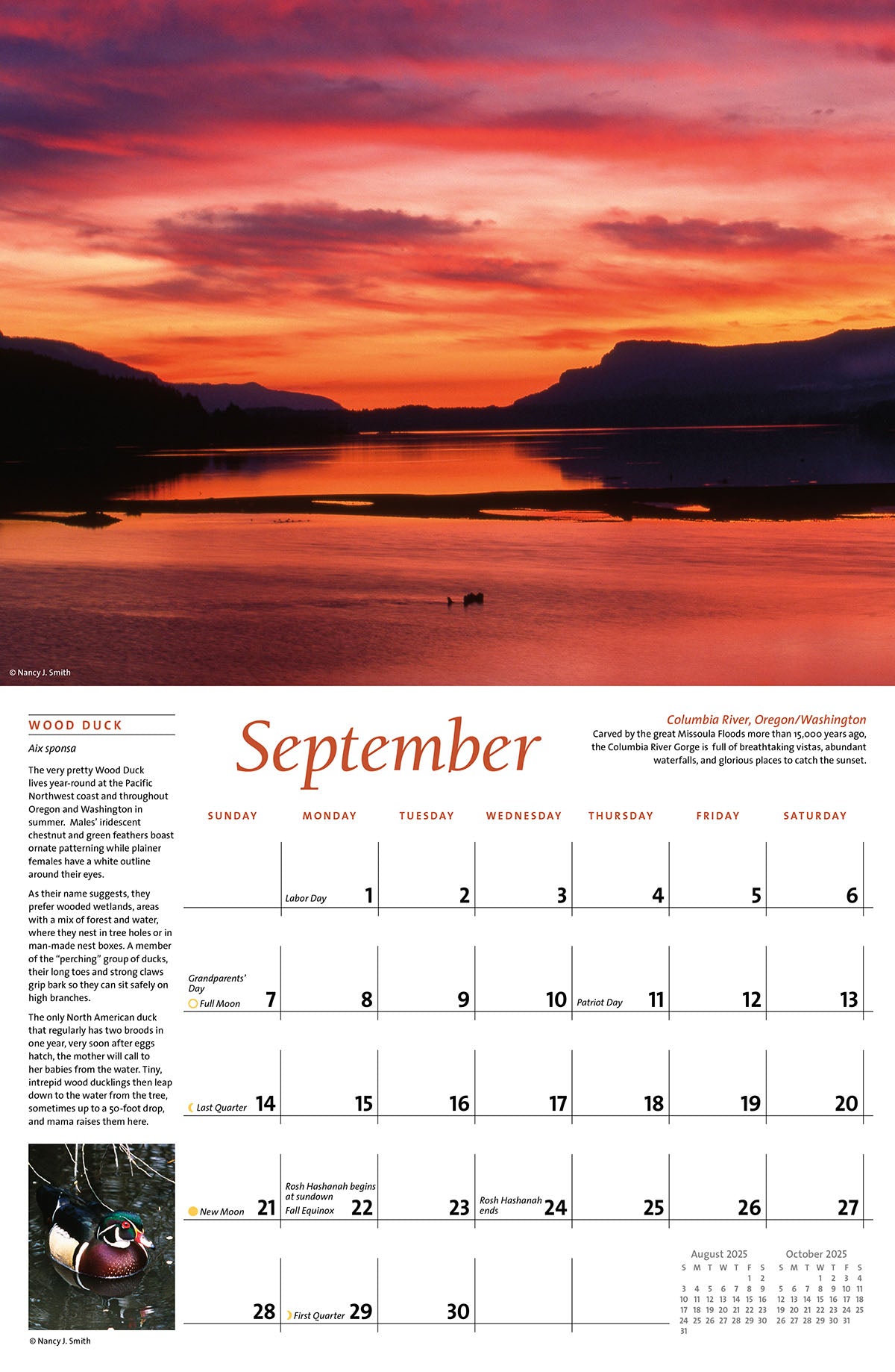 September calendar layout. Head image of sunset on Columbia River Gorge. Layout image of Wood Duck.