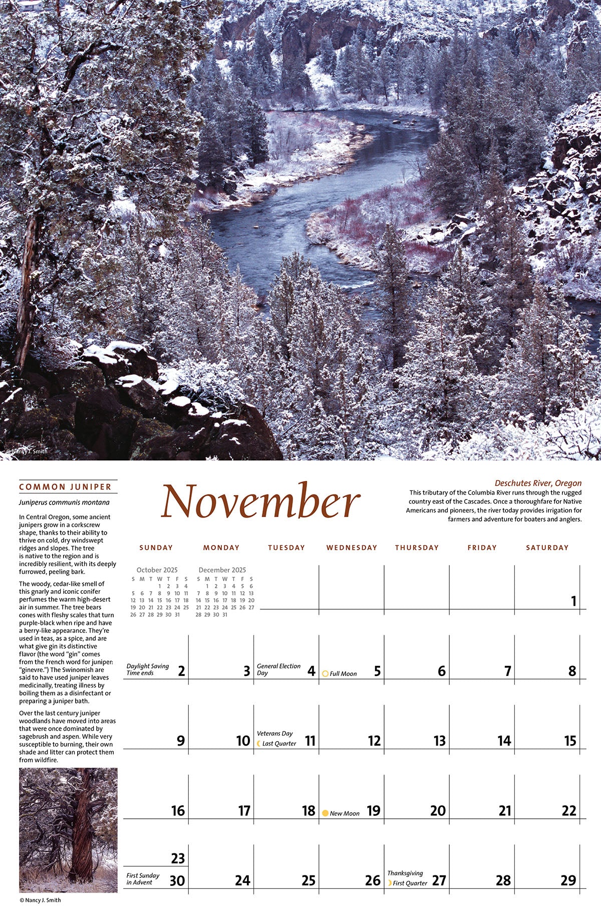 November calendar layout. Head image of winter scene on Deschutes river, Oregon. Layout image of common Juniper tree.