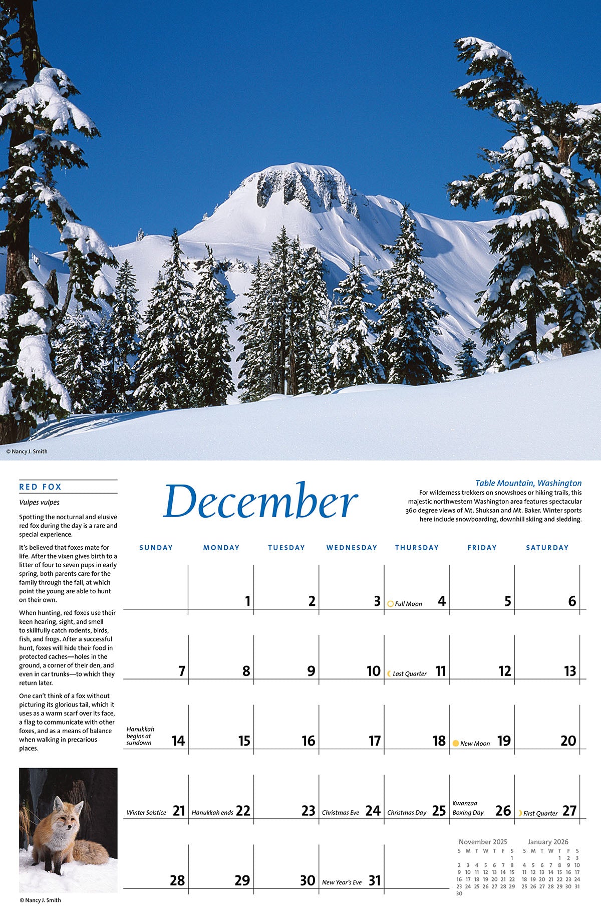 December calendar layout. Head image of snow covered Table Mountain, Washington. Layout image of Red Fox.