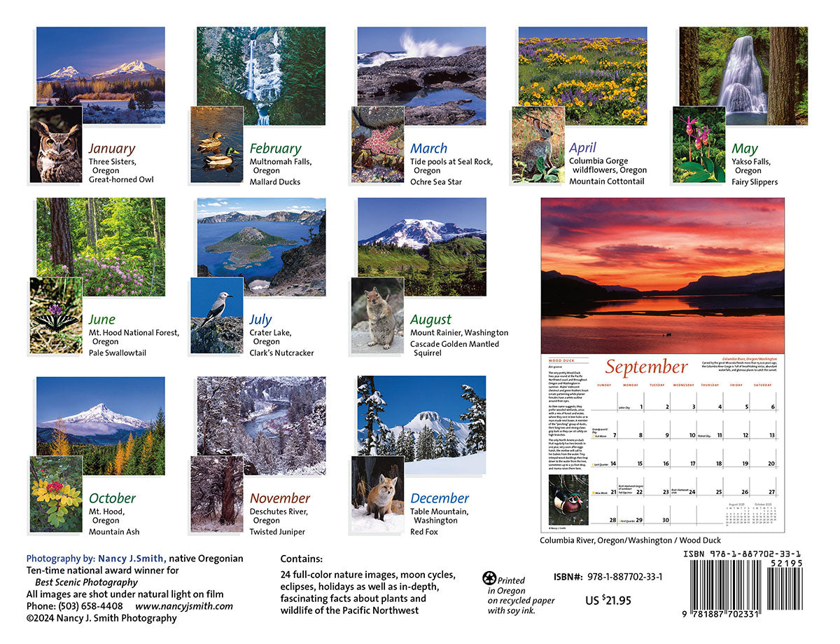 2025 Majestic Pacific Northwest Calendar Back, featuring flora, fauna, and nature photography of the Pacific Northwest for each month.