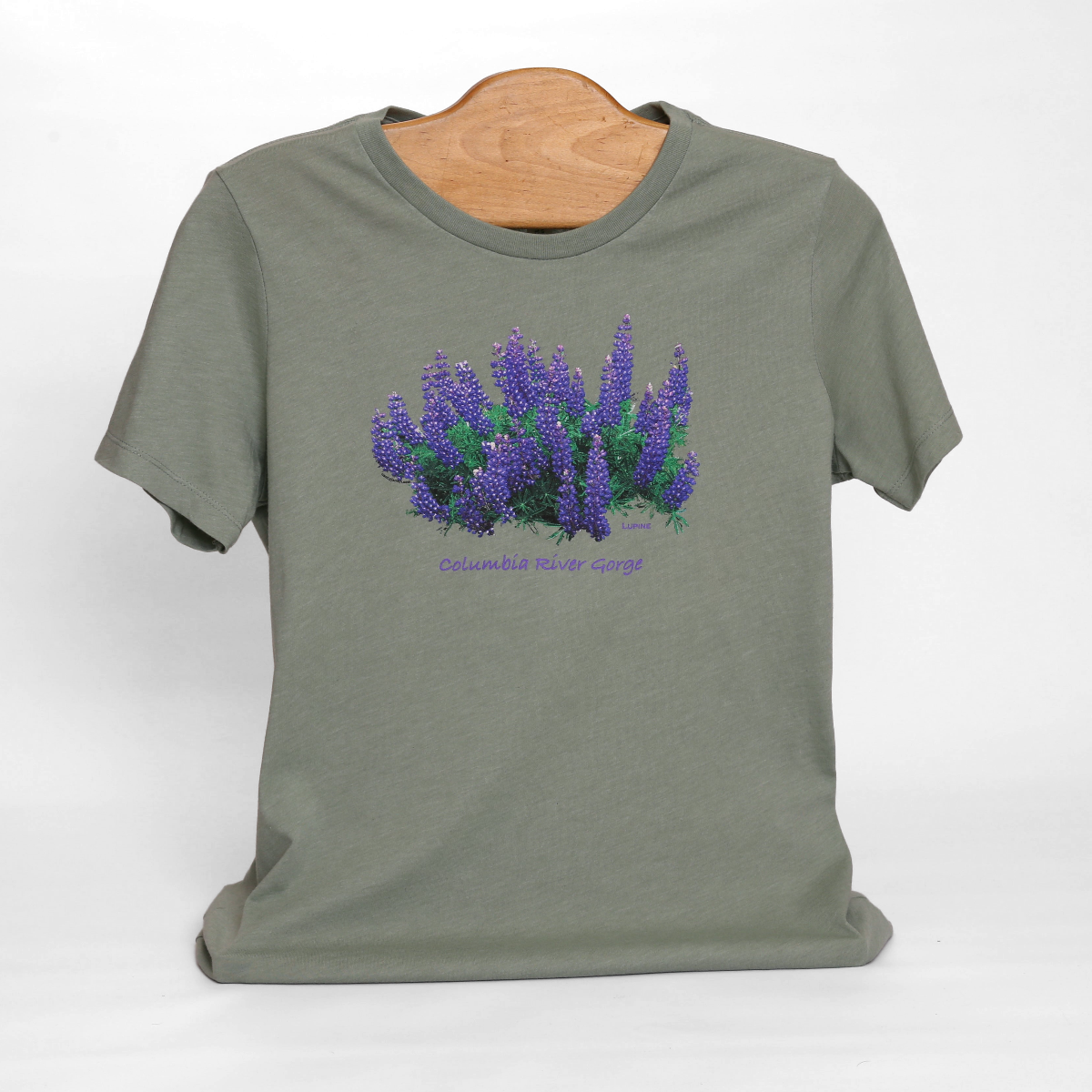 Front view of Columbia River Gorge wildflower T-shirt, colored grey. Features print of purple lupine wildflowers, with caption "Columbia River Gorge".