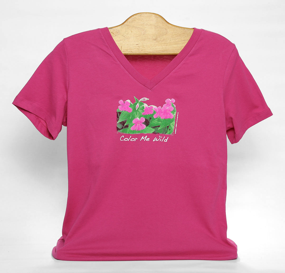 Front view of Color Me Wild/Monkey Flower t-shirt in color berry.