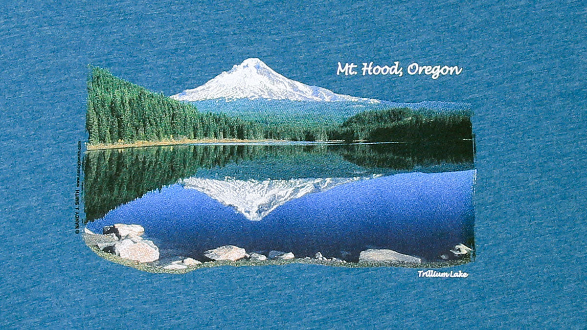 Detail view of shirt screen print featuring Oregon's Mt. Hood over Trillium Lake.