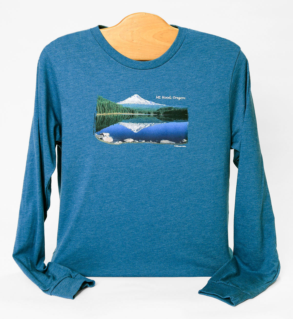 Front view of Mt Hood/Trillium Lake long sleeve shirt in color heather teal. Features screen print of Oregon's Mt. Hood over Trillium Lake.