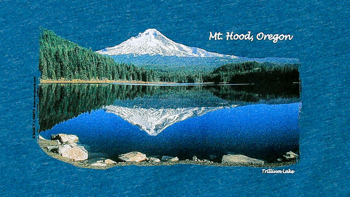 Detail view of shirt print on heather teal, featuring Oregon's Mt. Hood reflecting in Trillium Lake.