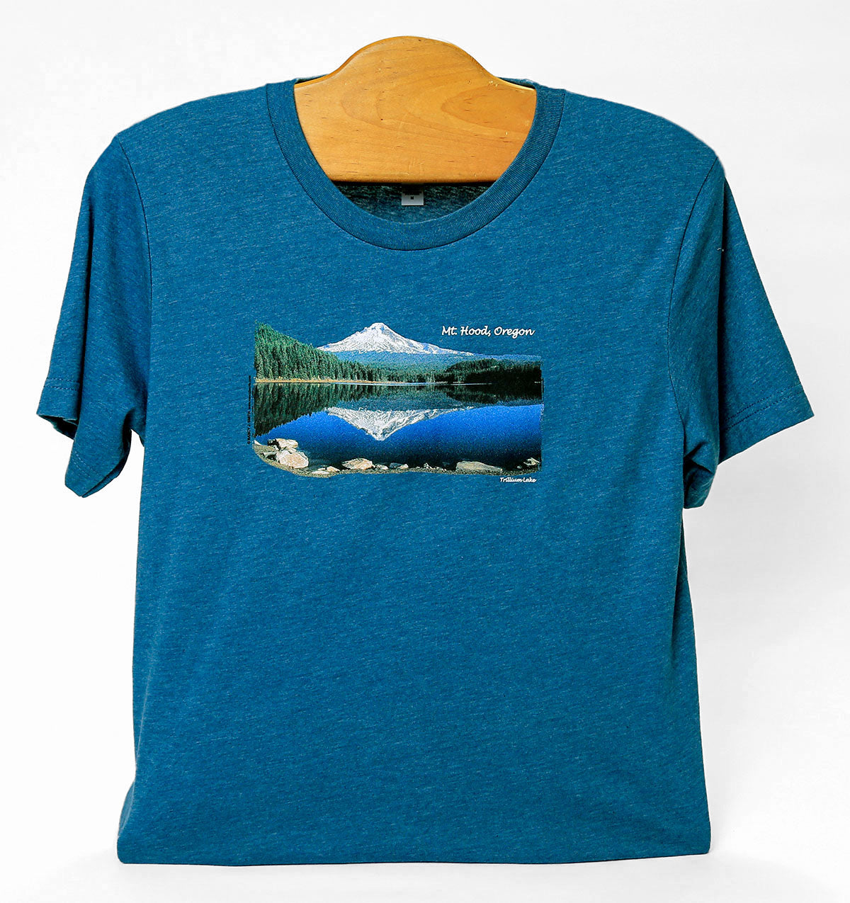Front view of Mt Hood/Trillium Lake short sleeve t-shirt in color heather teal. Features Oregon's Mt. Hood reflecting in Trillium Lake.