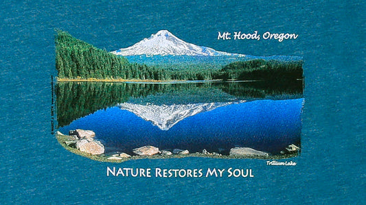 Detail view of shirt print on heather teal, showing Oregon's Mt Hood reflecting in Trillium Lake with caption "Nature Restores My Soul".