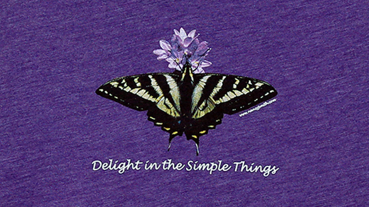Detail view of shirt screen print. Pale swallowtail butterfly with purple flower. Captioned "Delight in the Simple Things".