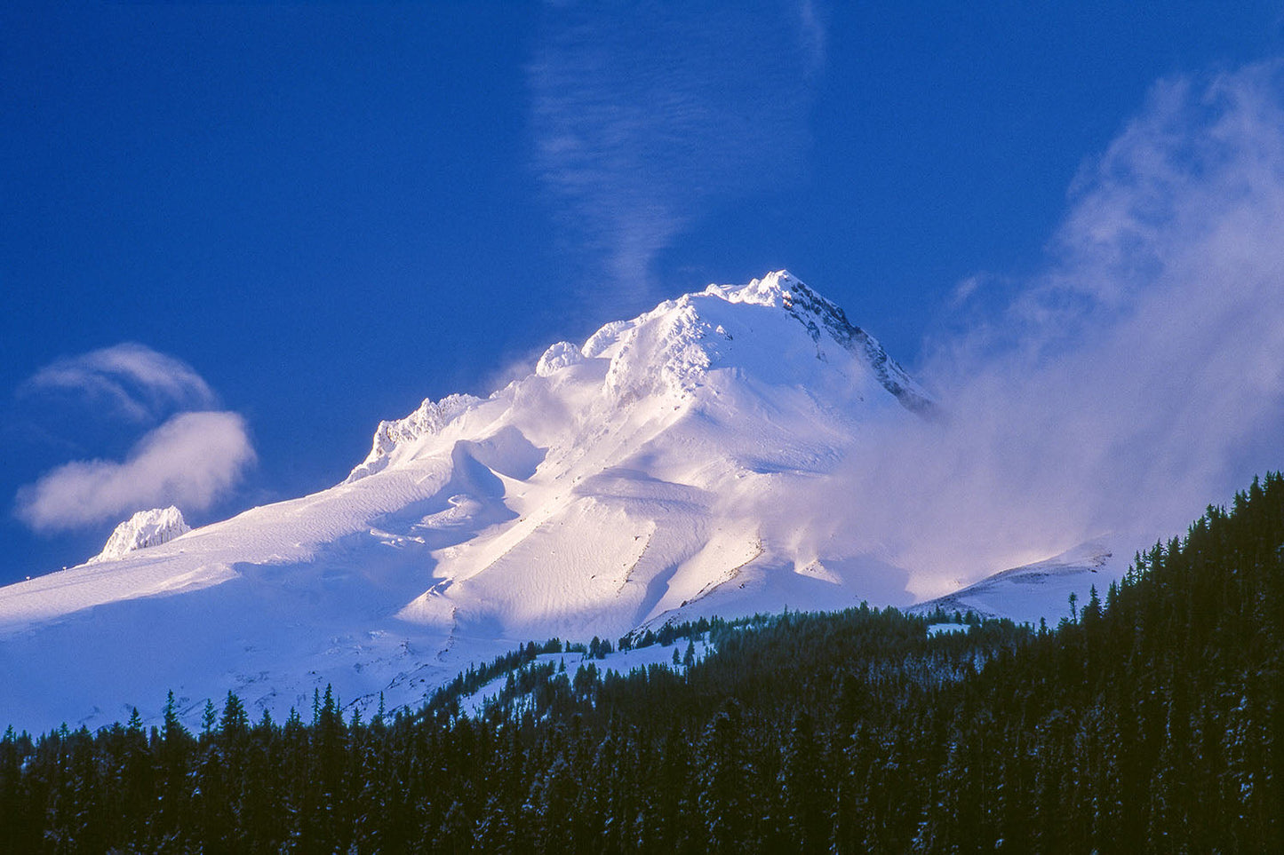 Sunlight illuminates the summit of a snow covered Mt. Hood against a clear blue sky. Fog rolls into lower, green forested foothills of Oregon.